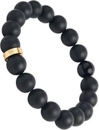 Forge & Foundry Men’s Matte Black Solid Onyx Beaded Bracelet | 10mm, 8mm, 6mm Bead Size Options | Signature Stainless Steel Engraved Bead | Andalus - color: 10mm Gold, size: Medium