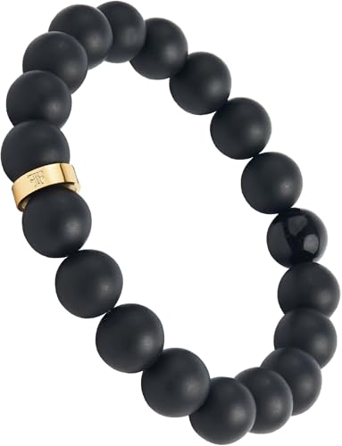 Forge & Foundry Men’s Matte Black Solid Onyx Beaded Bracelet | 10mm, 8mm, 6mm Bead Size Options | Signature Stainless Steel Engraved Bead | Andalus - color: 10mm Gold, size: X-Large