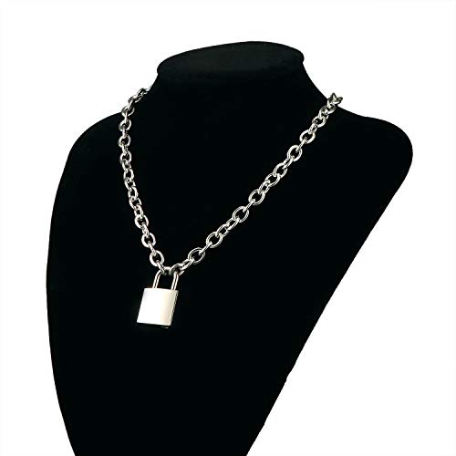 DIBOLA Padlock Necklace Stainless Steel Lock Chain for Men Women Silver 18-24 inch - color: Silver2