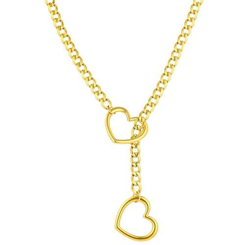 sroyte Heart Slip Chain Necklaces for Women,Stainless Steel O-Ring Adjustable Lariat Y-Necklace,Punk Gothic Cuban Collar Choker Necklace for women - color: Chunky Gold Heart, size: 25"