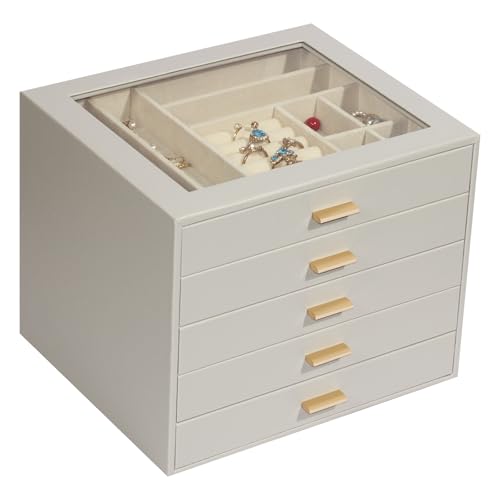 Jewelry Box with Glass Lid, 5-Layer Jewelry Organizer for Women Girls, PU Leather Display Case with 20-Grid Earring Tray & Movable Dividers for Necklaces Rings,Grey - color: Grey, size: 5-Layer