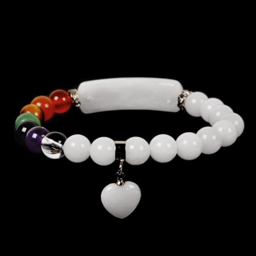 Justinstones Gem Semi Precious Gemstone Love Heart Charm Stretch Beaded Bracelet Unisex - color: White Jade(7 Chakra)