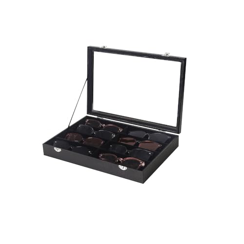 Coward Sunglass Organizer Tray Box, Black Velvet Grids Eyeglasses Display Tray Case with Transparent Glass Lid for Home Use or Store Shop Selling Show - color: Black Velvet, size: Sunglass Box