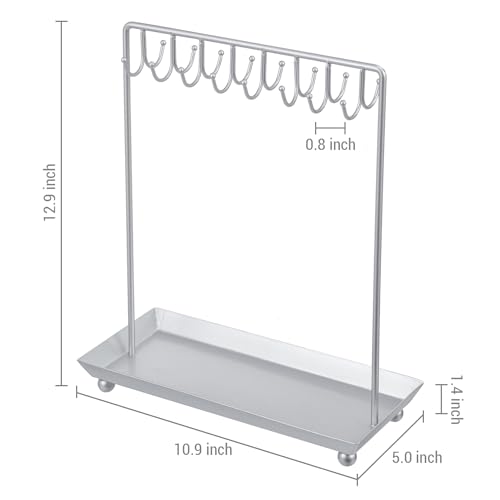 MyGift Silver Tone Metal Jewelry Stand Necklace Display Organizer with 20 Hooks and Ring Tray - color: Silver