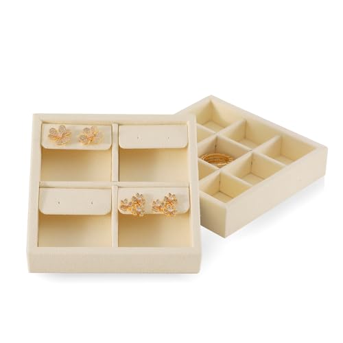 Dark Blue Jewelry Display Tray Ring Necklace Earring Bangle Organizer Multifunctional Storage Case for Jewelry Showcase (Small 4 Grids Earrings Tray(beige)) - color: 19-Earring Tray