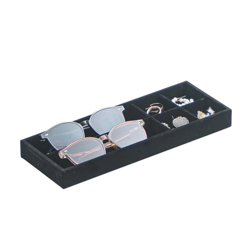 Divided Drawer Organizer Tray, Velvet Jewelry Storage Tray, Necklace Bracelet Ring Earring Display Tray,Bedside Nightstand Desk Holder Tray for Phone Watch Sunglasses Cosmetics Storage/Black/6grid - color: Black, size: Grid6