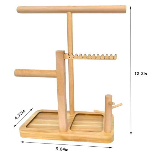 Solid Wood Jewelry Tower Organizer - 3-Tier Tree Holder Stand with 11 Earring Holes, 2 T-bar for bracelets Necklace or watches, Ring Tree & Display Tray (natural wood) - color: natural wood