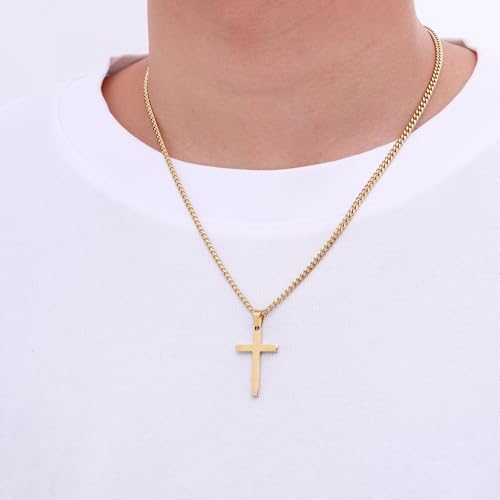 Fiusem Easter Basket Stuffers Cross Necklace for Men and Women, 14K Gold Plated Mens Cross Necklaces with 3.5mm Cuban Chain, Stainless Steel Pendant Chain 16-24 Inches - size: 18 Inches, style: Small gold cross:1.2"*0.75"