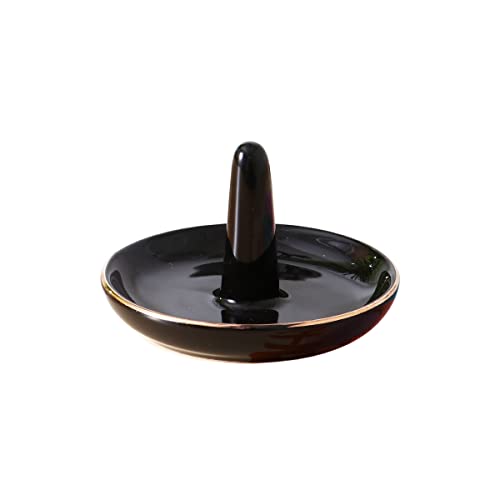 oskas Black Round Ring Tray Holder, Decorative Porcelain Ornament Jewelry Tray for Rings, Earrings, Necklaces, 4 Inch, Engagement Wedding Birthday Mother's Day Christmas Gift, Ceramic - color: Black