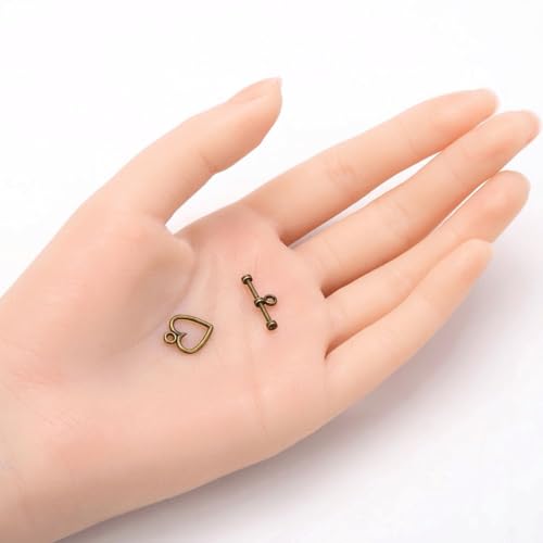 Adabele 20 Sets Heart Shape Toggle Clasp 11.6mm (0.46 Inch) T-Bar Closure Tarnish Resistant Antique Bronze for Necklace Bracelet Craft Jewelry Making MC-AF60 - size: 11.6mm Heart Shape Toggle