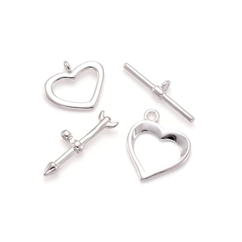 2 Sets Heart Toggle Clasps Sterling Silver OT Toggle Jewelry Clasps T-Bar Closure Clasp Fastener IQ End Connectors for DIY Necklace Bracelet Jewelry Making - color: Sterling Silver-Heart