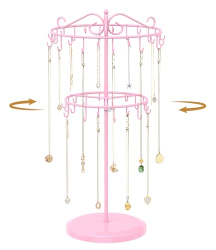 MODOWEY Necklace Holder Organizer Rotating Display, 42 Hooks Stand Adjustable Tree for Long Chain Storage, 2 Tier Tabletop tall Metal Hanger Rack for Men Women, No More Tangled Pendant Jewelry, Pink - color: Pink