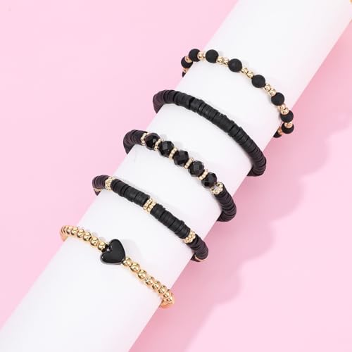 5Pcs Beaded Bracelets for Women, Bohemian Glass Faceted Crystal Beads Bracelet, Stackable Boho Disco Ball Stretch Bracelets, Multilayered Purple Jewelry Gift for Women, Mother's Day - color: Black 1