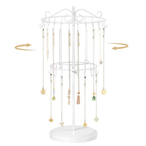 MODOWEY Rotating Necklace Holder Organizer Display Stand with 42 Hooks, 2 Tier Adjustable Metal Tree for Long Necklace Hanger Selling, Tall Spinning Bracelet Storage Rack for Men Women, White - color: White, size: 2 Tier