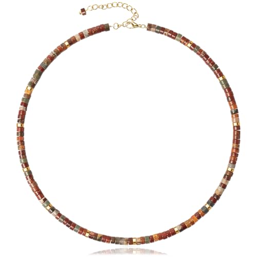 AGOT Beaded Gemstone Necklace for Women: Boho Bead Choker Natural Stone Necklaces - Handmade Jewelry for Summer Beach - color: Red