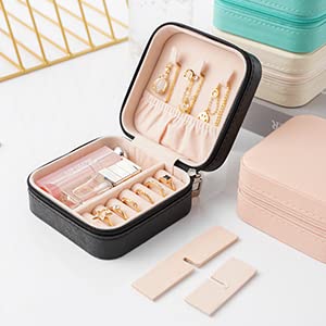 Neveika Portable Travel Mini Jewelry Box Leather Jewellery Ring Organizer Case Storage Gift Box Girls Women (black). - color: black