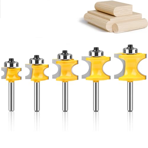 5PCS Bullnose Beading Router Bits with 1/4-Inch Shank Carbide-Tipped Corner Beading Bits Set Radius:1/4",3/8",1/2",5/8",3/4"