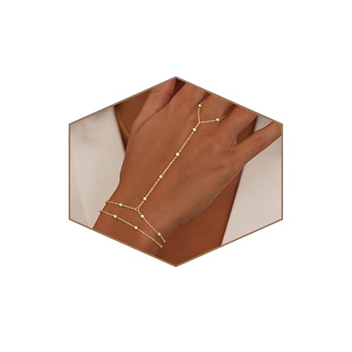 Gold Bracelets for Women Trendy, Dainty Gold Hand Chain Bracelet Stack 14k Gold Plated Finger Ring Bracelet Hand Chain Cz Layered Beaded Gold Bracelets for Women Non Tarnish Gold Jewelry Gift - style: beaded hand chain bracelet-gold