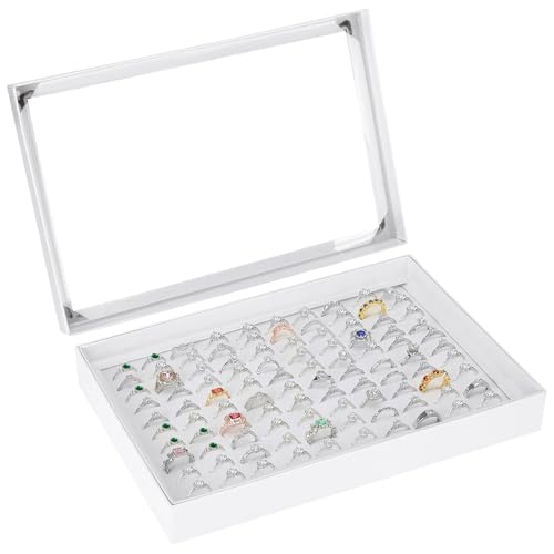 KUKUVR 100 Slots Ring Earring Holder Display Case, Velvet Jewelry Ring Earring Storage Organizer Box Tray with Clear Lid for Women And Selling Show (White) - color: White