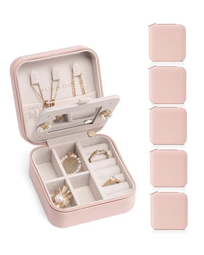 VLANDO Travel Jewelry Box, Small Jewelry Travel Organizer Case for Girls Women - Pink Mirror*6 pack - color: Pink - 6, size: B. with Mirror