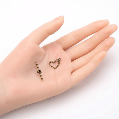 Adabele 20 Sets Heart Shape Toggle Clasp 14.5mm (0.57 Inch) T-Bar Closure Tarnish Resistant Antique Bronze for Necklace Bracelet Craft Jewelry Making MC-AF57 - size: 14.5mm Heart Shape Toggle
