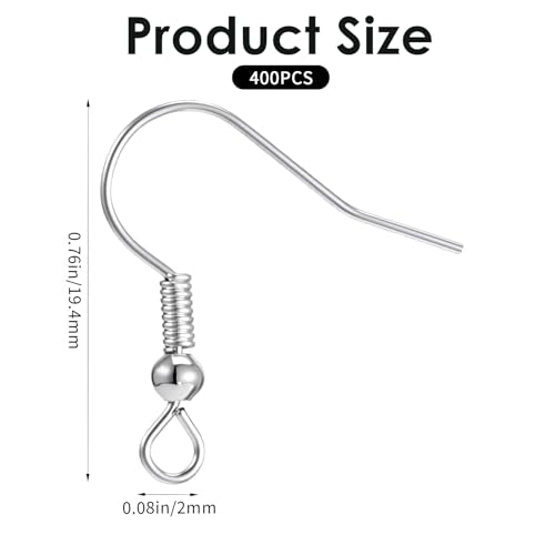 400 Pcs Stainless Steel Earring Hooks Fish Hook Earrings for Jewelry Making French Wire Hooks Coil and Ball Style Earwires Ear Wires for Women DIY Dangle Earrings Crafts Supplies - color: Silver