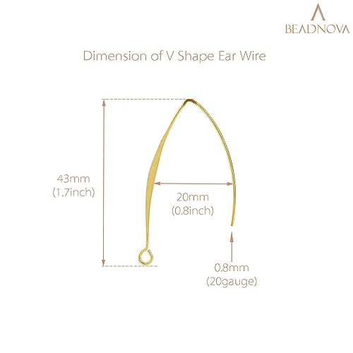 BEADNOVA V Shape Ear Wire Long Earring Wire Ear Hook for Dangle Earring Making Jewelry Making Earwire DIY (Gold 43mm, 10pcs) - color: Gold