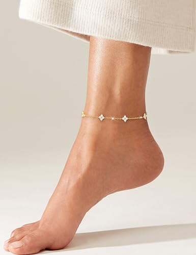 RLMOON Gold Silver Anklets for Women CZ Ankle Bracelet 14K Gold Plated Waterproof Layered Stackable Tennis Dot Chain Anklet Trendy Summer Beach Foot Jewelry - color: A:Flower Anklet Gold