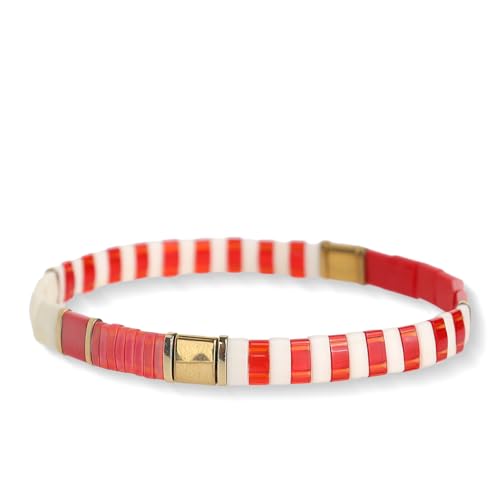 Tila Beaded Stretch Strand Bracelets for Women, Cute Boho Stackable Handmade Colorful Mixed Flat Square Beads Elastic Beach Surfer Bracelet Trendy Jewelry Friend Gift - color: 0901D