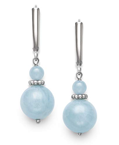 Belacqua Natural Round Gemstone Beaded Dangle Drop Earrings in Sterling Silver, Jade, Aquamarine, Black Onyx or Rose Quartz, Jewelry for Women, 1.5 Inches - Length, Leverback, Gift Box Included - color: Milkly Aquamarine