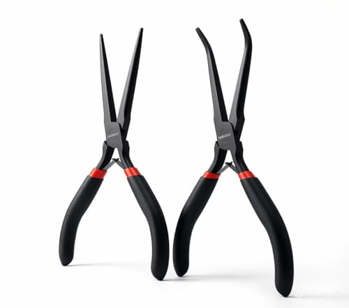 WISEUP 6" Mini Needle Nose Pliers Set，2-Piece Small Long Reach Bent Needle Nose Pliers for Jewelry DIY Craft，Repair & Wire Wrapping