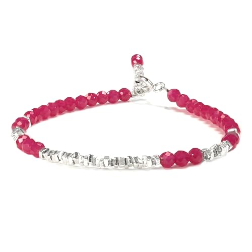 Natural Crystal Cut Bead Bracelet, 925 Silver Faceted Gemstone Jewelry for Women, Handmade Chakra Design Gift for Birthday Christmas Daily Wear - color: Red Ruby