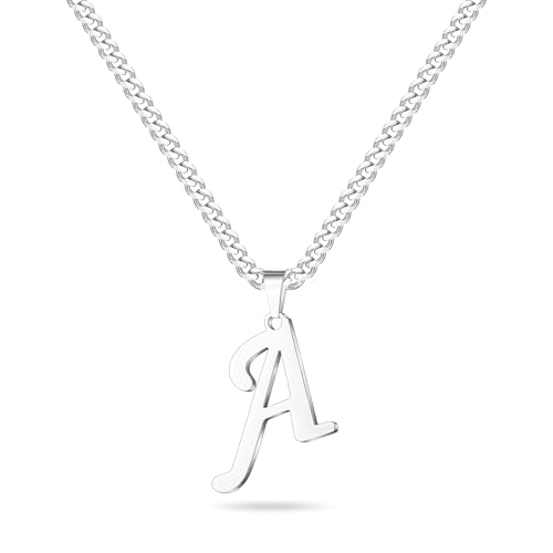 LUXEJEW Initial A-Z Letter Necklace for Men Boys Women, Stainless Steel Cuban Link Chain Letter Pendant Necklaces Capital Monogram Necklace Jewelry Gifts for Men 20+2 Inches - color: Silver, size: Letter A
