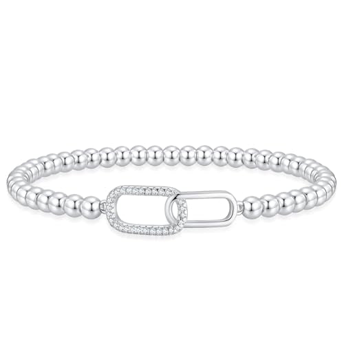 Mothers Day Gifts - Beaded Bracelets for Women 14K Silver Gold Plated Stretch Handmade Ball Bracelets Cute Charm Bracelet Dainty Stackable Cross Heart Bow Wave CZ Circle Trendy Jewelry Easter Gifts - color: zirconia-square-silver