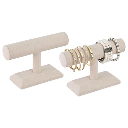 MOOCA 2 Pcs Set Linen Covered Wood Bracelet Holder Stand Jewelry Display Stand Watch Bangle Organizer Display, Nature Linen Color - color: Tan Linen, 2 pieces