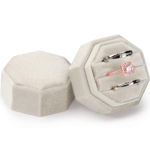 Velvet Ring Box 3 Slots, Premium Jewelry Ring Storage Gift Box Vintage Ring Display Holder Case for wedding ceremony Proposal Engagement (Beige) - color: Beige