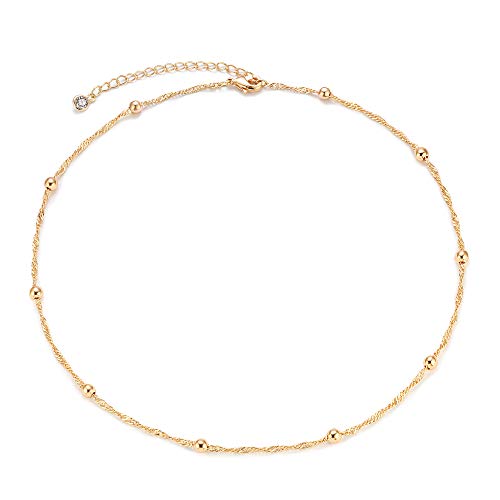 MEVECCO Dainty Gold Chain Choker Necklace 14K Gold Plated Handmade Boho Cute Tiny Beaded Link Choker Necklace Delicate Simple Minimalist Choker Necklace for Women - style: bead chain