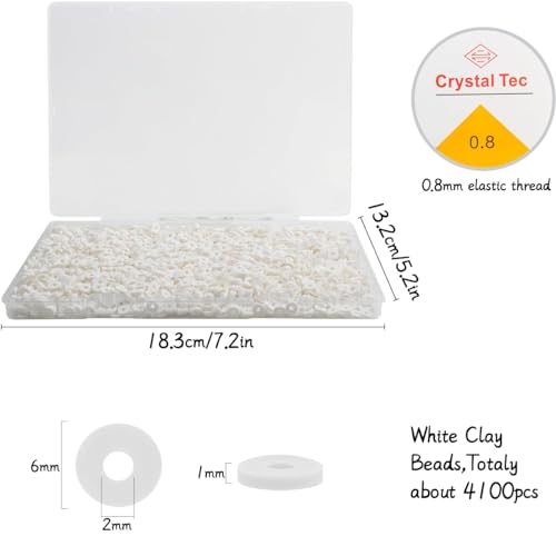 4100 Pcs White Clay Beads Bracelet Making Kit, 6mm Polymer Spacer Flat Heishi Beads for Jewelry Necklace Earring Making - color: White