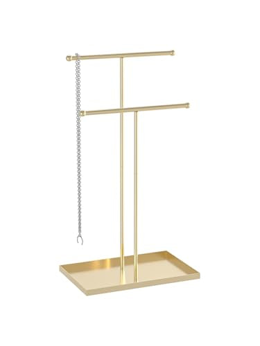 Coward 2 Tier Necklace Stand, Aesthetic Necklace Jewelry Holder, Home Decor Necklace Organizer Stand, Metal Necklace Bracelet Display Rack for Men Women (Gold) - color: Gold