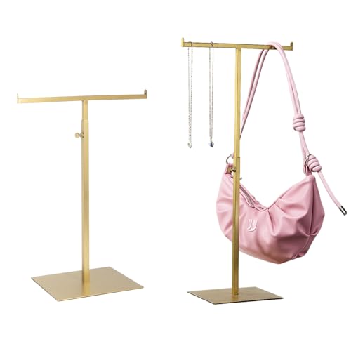 Purse Display Stand Jewelry Towers 2 Packs Stainless Steel Bag Stand Tabletop Adjustable Height Double Hook Hanging Jewelry Stands for Necklaces Organizer Home Store Boutique (Anti-fingerprint) - color: Titanium Color - 2 Pcs (Anti-fingerprint)