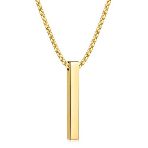 Fiusem Pendant Necklace for Men, Silver Tone/14k Gold Plated/Black Mens Pendant Necklaces with 2.5 mm Box Chain, Stainless Steel Bar Chain, 18-28 Inches - color: gold, size: 28 Inches, style: Pierced Rectangle
