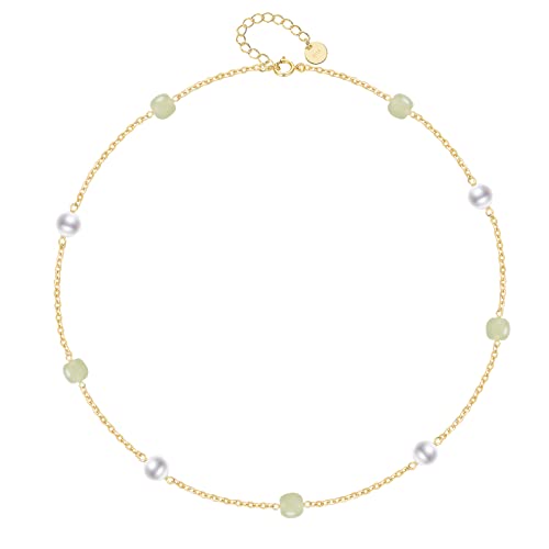 Natural Hetian Jade & Pearls Beaded Necklace Bracelet Jewelry for Women, Lucky Green Jade White Pearl Charm Adjustable Chain Jewelry Gift for Mom Lover her - color: Necklace
