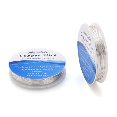 Adabele 295 Feet Premium Tarnish Resistant Round Jewelry Wire Copper Beading Wire Spool Bulk (0.5mm/24 Gauge) Sterling Silver Plated for DIY Craft Jewelry Making BF285-5 - color: Silver, size: 0.5mm (24 gauge) wire - 2 Rolls
