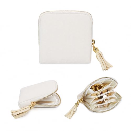 Stratalife Travel Jewelry Case Organizer for Women Portable Jewelry Box with Small Pouches for Gemstones Healing Crystal Bracelets, Necklace Bangles Storage, Pendants Ring Holder Zipper, White Tassel - color: White