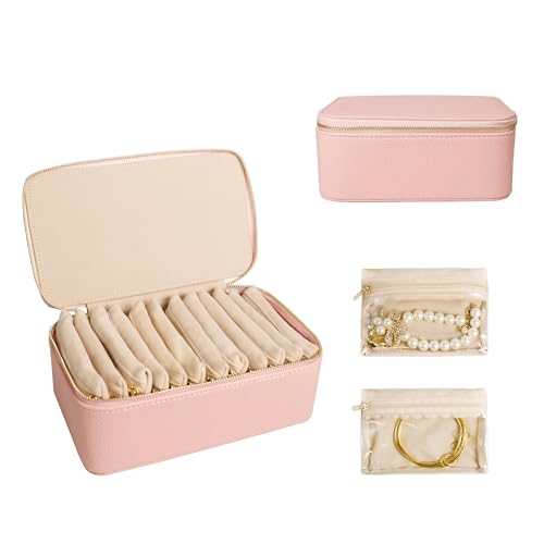 Travel Jewelry Case, Portable Jewelry Box with 6 Jewelry Bags,Travel Gift for Women Teen Girls (Pink 12 Pcs) - color: Pink 12 Pcs