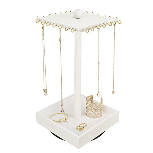 Ikee Design Wooden Rotating Jewelry Organizer,Jewelry Display Tower for Necklace,Bracelet, Rotating Necklace Holder Organizer,Jewelry Stand for Shows, Wash White Color, 7.88 W x 7.88 D x 16 H in - color: 4) Wash White