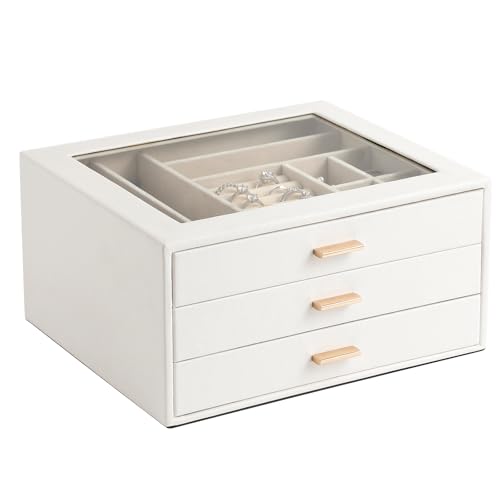 Jewelry Box with Glass Lid,3-Layer Jewelry Boxes for Women,PU Leather Jewelry Organizer with 20-Grid Earring Drawer & Movable Dividers for Necklaces Rings - Cloud White - color: White, size: 3-Layer