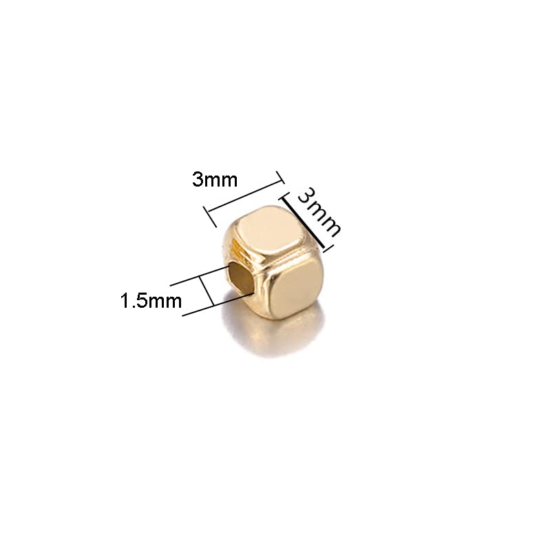 500 Pieces 3mm Cube Spacer Beads for Jewelry Making Alloy Spacer Beads Loose Spacer Beads Square Spacer Beads for DIY Craft Bracelet Necklace Jewelry Making, 1.5mm Hole, Gold