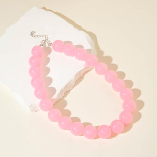 Chunky Acrylic Resin Beaded Necklace for Women Colorful Large Round Choker Adjustable Stack Acrylic Beads Necklace Resin Summer Party Jewelry - style: Pink