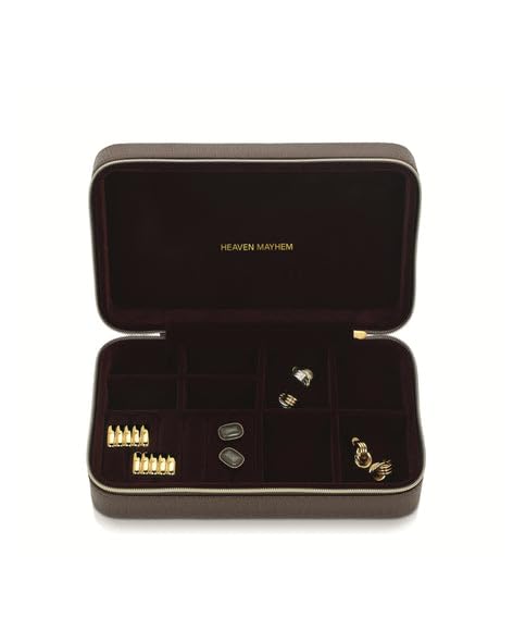 Heaven Mayhem Jewelry Travel Case – Structured Travel Organizer for Necklaces, Earrings & Rings – 8 Compartments with Soft Velvet Interior - style: Espresso Case